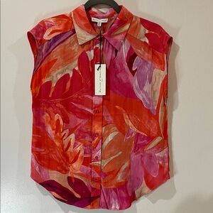 Maison d’Amelie Sleeveless Button-Down Tropical Print Shirt - Red/Pink